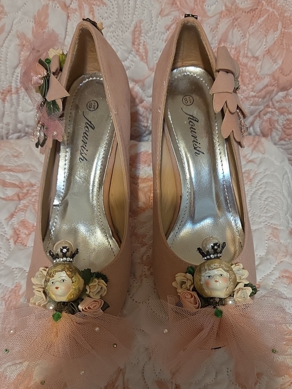 Women's Pink Embellished Dress Heels with Decorative Doll Accent